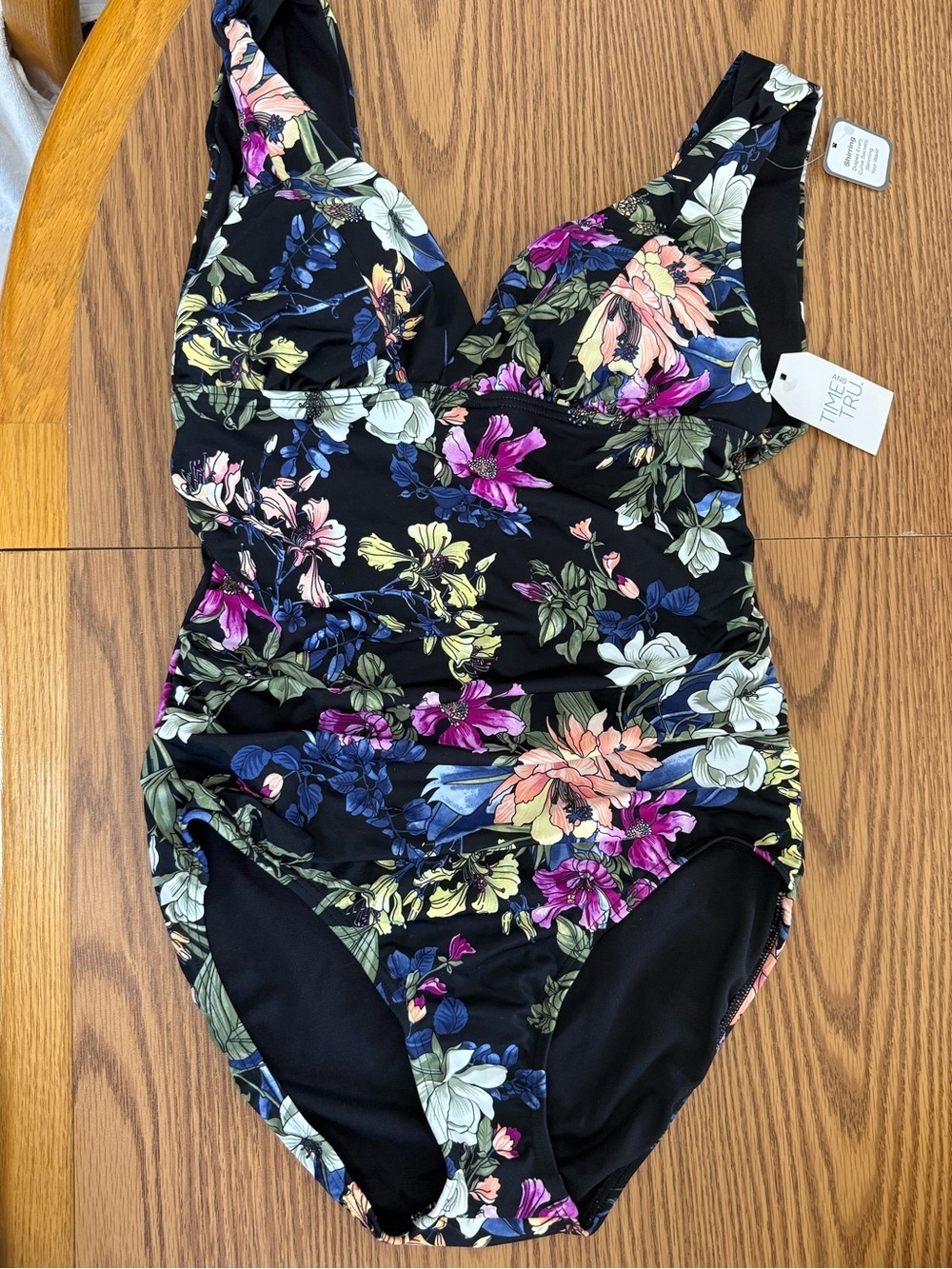 Black Floral Multi Color Swimsuit, Full Coverage, high back, Wide Straps, NWT - Picture 2 of 16